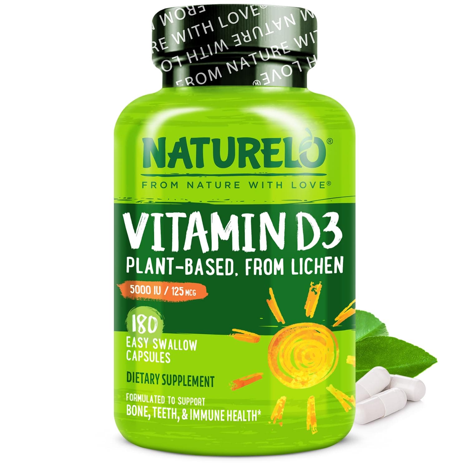 - NATURELO Vitamin D - 5000 IU - Plant Based from Lichen - Natural D3 Supplement for Immune System, Bone Support, Joint Health - High Potency - Vegan - Non-GMO - Gluten Free - 180 Capsules