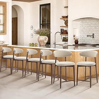 COLAMY Counter Height Bar Stools Set of 6, Kitchen Bar Stools with Back, Mid Century Modern Upholstered Stools, with Wood Legs for Kitchen Island Dining Room, Beige