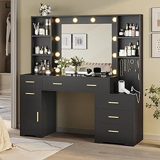 Hasuit 48.8'' Large Vanity Desk with Lighted Mirror & Power Outlet, Black Makeup Vanity Table with 6 Drawers, 4 Shelves and 1 Storage Cabinet, Glass Tabletop Bedroom Dressing Table, 3 Lighting Modes