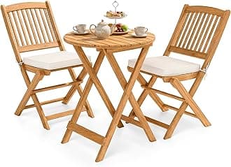 3Pcs Patio Bistro Set, Wood Folding Table Set, 2 Cushioned Chairs for Garden Yard, Outdoor Furniture Round Table (Natural & Beige)