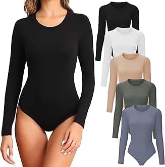 4/5 Pack Long Sleeve Bodysuit for Women Round Neck Soft Breathable Casual Basic Stretchy Body Suits Tops