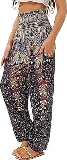 QIANXIZHAN Women's Harem Pants, High Waist Yoga Boho Trousers with Pockets, Black Flower, Medium