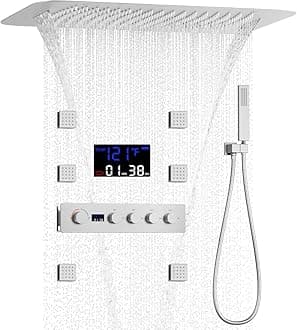 AYIVG Multifunctional Thermostatic Shower Set Digital Display Rain Shower System Brushed Nickel Shower Body Spray System Bathroom Full Body Shower Set With 16 * 24"Multi Shower Head