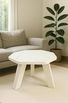 SBF Furniture Mini Hexagonal Side Table, 30 cm, Matte Finish, Modern Minimalist Design, 3 Angled Legs (Taj Marble), White