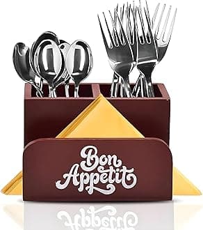 Dime Store Enginereed Wood Cutlery Holder with Napkin Rack for Countertop Multipurpose Rack organzier Spoon Kitchen Organizer Rack for Kitchen Dining Table, Restaurant (Brown)