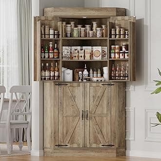 Corner Cabinet,Kitchen Pantry Storage Cabinet,Freestanding Buffet Hutch with 4 Doors and Shelves,Tall Food Pantry Farmhouse Furniture with Side Rack for Kitchen Dining Room(Retro)