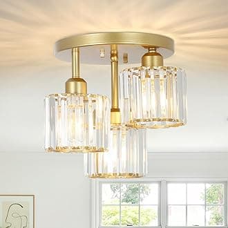 Modern Crystal Chandeliers Ceiling Light, 3-Lights Crystal Ceiling Lights Living Room, Gold Ceilings Light with Glass Lampshades, Ceiling Light Fittings for Kitchen, Bathroom, Bedroom, Hallway