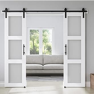 Double 24 x 84in 3-Panel Sliding Barn Door with Frosted Glass and 8FT Hardware Kit - Waterproof, Easy Assembly, Pre-Drilled Holes - Suitable for Openings up to 46in x 82in, White