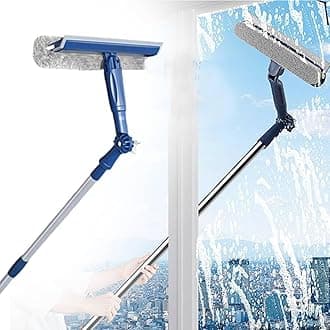 47" Window Squeegee with Extension Pole, 4-in-1 Telescopic Window Cleaner Tool with 2-Stage Telescoping Pole, Extension Washing Tool with Rotatable Clean Head for Indoor/Outdoor High Window Glass