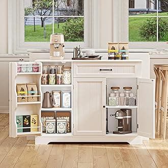 Gizoon Kitchen Coffee Bar Cabinet with Storage Kitchen Sideboard Buffet Cabinet with Drawers, Short Pantry with Door and Shelves for Bathroom and Living Room, White