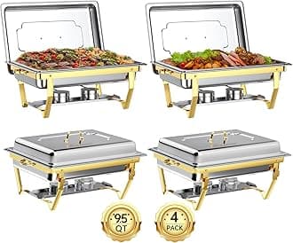 IMXSUMDA Chafing Dish Buffet Set, 9.5 QT Sturdy and High Grade Stainless Steel Chafing Dishes for Buffet 4 Pack,Rolled-Edge Design with Gold and Silver Catering Chafer Warmer Set for Parties Wedding