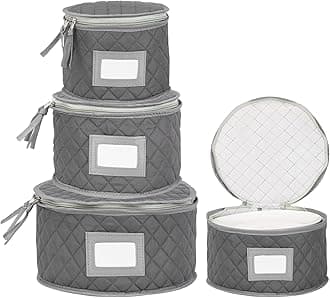Fine China Storage - Set of 4 Quilted Cases for Dinnerware Storage. Sizes: 12" - 10" - 8.5" and 7" Long - Gray - Quilted Fabric Container with 48 Felt Plate Separators Included