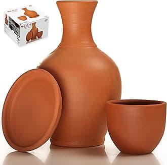 Hakan Clay Water Pitcher with Cup, Clay Water Pot for Drinking, Terracotta Mud Jugs with Mug, Earthen Water Carafe Set, Pottery Jar for Drinking Water, 74 oz