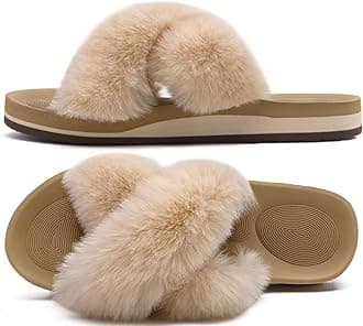 COFACE Womens Fuzzy Slides Fluff Faux Fur Cross Slippers Open Toe Yoga Mat House Slipper Sandals With Arch Support For Indoor/Outdoor