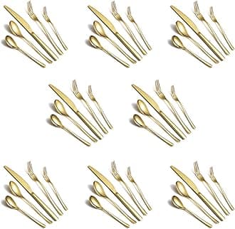 HOMQUEN 40-Piece Gold Silverware Set, Gold Flatware Set for 8, Stainless Steel Tableware Cutlery Set, Utensil Sets for Kitchen, Forks and Spoons Silverware (Shiny Gold)