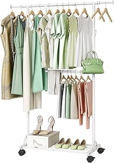 Hoctieon Clothing Garment Rack with Bottom Shelf, Heavy Duty Double Rods Clothes Hanging Rack with Wheels, Extendable Rolling Garment Rack with 2 Hooks, Commercial Clothing Storage Display, White
