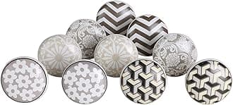 Perilla Home Set of 10 Vintage Grey and White Ceramic Drawer Knobs Diameter 1.5" Cupboard Glass Door Knobs Dresser Wardrobe and Drawer Pull