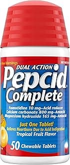 Complete Acid Reducer + Antacid for Acid Reflux, 10mg Famotidine, 800mg Calcium Carbonate & 165mg Magnesium Hydroxide per Heartburn Tablet, Antacid Chews, Tropical Fruit, 50 ct