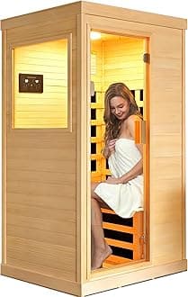 Far Infrared Sauna Home Sauna Spa Room Canadian Hemlock Wood 1200W Indoor Saunas Low EMF 110V with 7 Color Light and Tempered Glass Door, Room: 35.2 * 27.6 * 61.6Inch