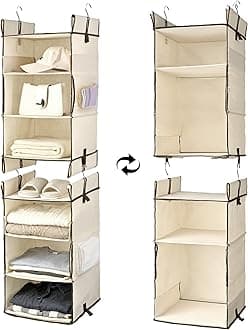 ULG 2-Pack Hanging Closet Organizer, 2/3-Tier Reversible Clothing Hanging Shelves with 4 Side Pockets for Wardrobe Clothes Sweater Handbag Storage, Foldable, Ivory, Separable, Beige
