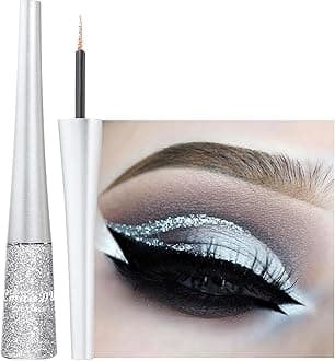 Glitter Eyeliner Silver Liquid Eyeliner Coloured Eye Liner Eye Glitter Makeup, Waterproof Sparkle Long-Lasting Silver Metallic Shimmer White Eyeshadow Coloured Eyeliner(Silver)