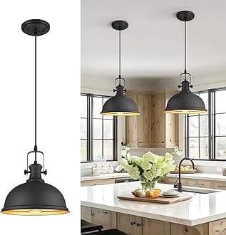 Pendant Lights Kitchen Island, Farmhouse Hanging Lights Fixtures with Metal Shade, Rustic Kitchen Pendant Lighting Over Island for Dining Room, Matte Black, AD-2151-1PL-BK