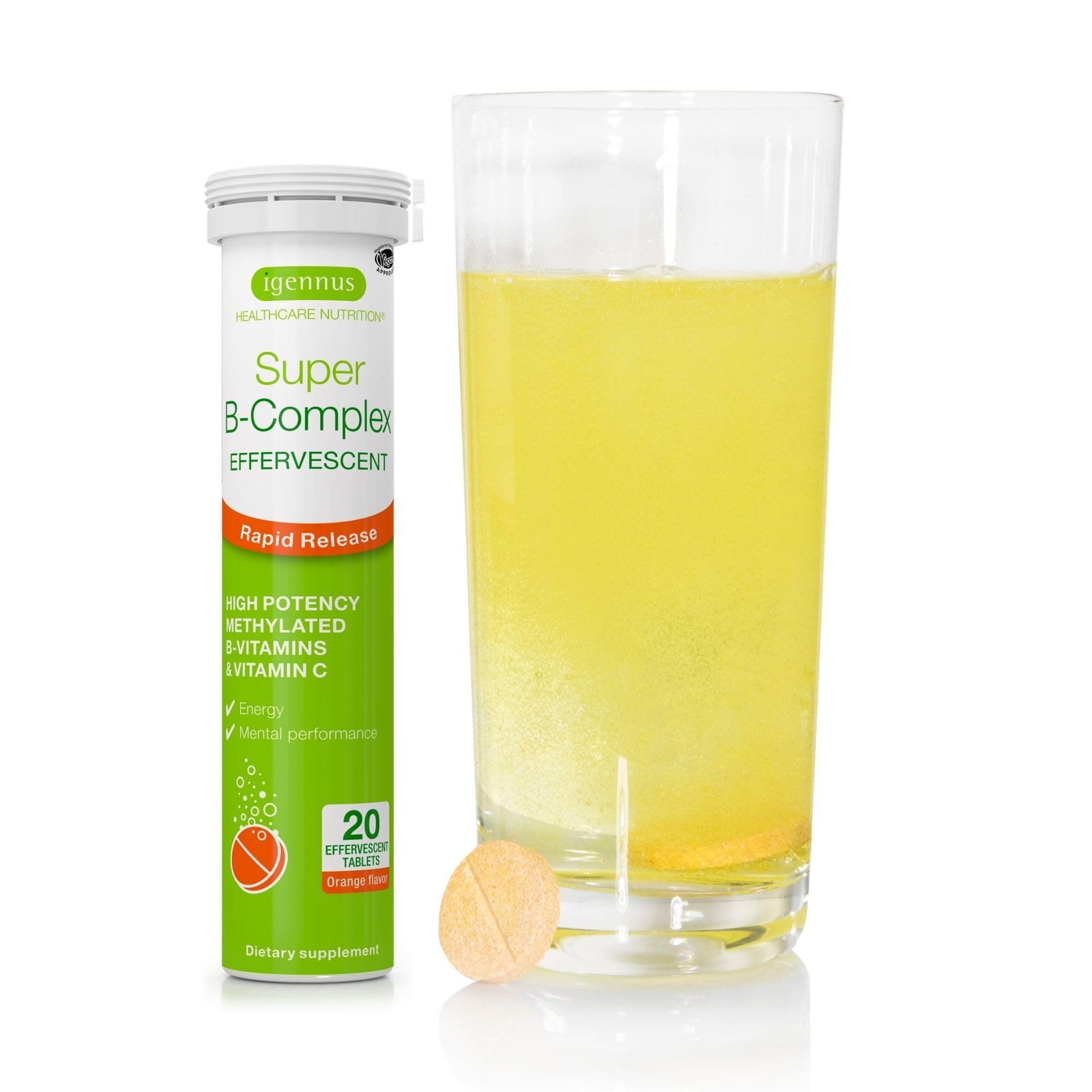 Igennus Super B-Complex Liquid B-Vitamin Effervescent Drink, Methylated, Fast Action Energy Supplement, Caffeine-Free, Sugar-Free, Orange Flavor, Vegan, 20 Effervescent Tablets,