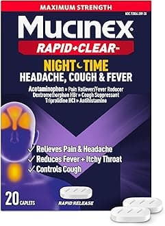 Mucinex Rapid+Clear Nighttime Cold and Flu Medicine for Adults, Maximum Strength Cold Medicine for Cough, Fever, Pain, Headache, & Runny Nose Relief, Rapid Release Caplets for Adults, 20 Count