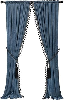 Luxury Pom Poms Curtain for Living Room Blackout Velvet 2 Panels Curtains Set Luxury Tassel Bedroom Curtains（Grey-Blue,(50W×96L)×2）