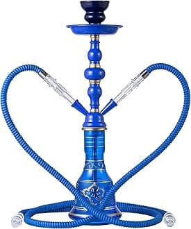 20" Hookah set - 2 Hose Premium Shisha Hookah Kit with Glass Vase, Ceramic Bowl and Coal Tongs Ashtray (Blue)