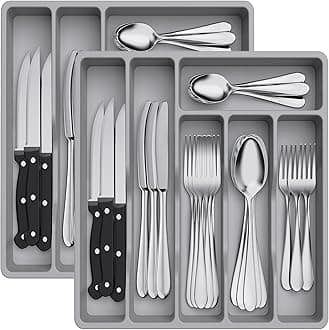 Lifewit 2 Pack Cutlery Drawer Organiser, Plastic Cutlery Tray for Kitchen Drawer, Utensil Flatware Silverware Holder Divider for Spoons Forks Knives Tableware, 6 Compartment,Grey