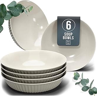 Stylish Soup Plate Set Hygge Series - Premium Stoneware, Scratch Resistant, Dishwasher and Microwave Safe - Stylish Deep Plate Set for 6, Large Deep Pasta Plates - Grooved Deep Plates in Light Brown