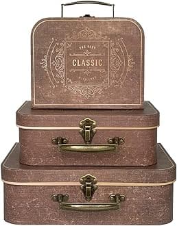 Vintage Decorative Storage Box Set of 3 with Lids, Keepsake & Photo Box, Brown Suitcase Memento Case