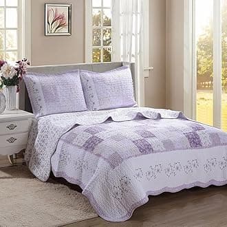 100% Cotton Hand Pieced Real Patchwork Floral Scalloped Edge Country Quilt Bedding Set, Reversible Coverlet Bedspread for All Seasons (Love of Lavender, Twin - 2 Piece)