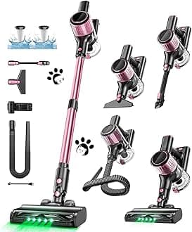 Cordless Vacuum Cleaner, 10 in 1 Stick Vacuum with Powerful Suction, Hose, Green LED Light, Anti-Tangle Brush, Lightweight Rechargeable Vacuum Cleaner for Home, Hardwood Floors, Carpets, Pet Hair,Pink