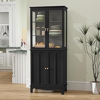 ARTPOWER 72" Freestanding Kitchen Pantry Storage Sideboard, Classical Tall Cabinet with Glass Door and Adjustable Shelves for Kitchen, Livingroom and Dining Room, Black