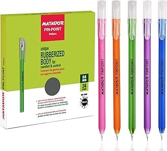 Matador Ballpoint for Journaling - Assorted Color Rubberized Body Fine Black Ink Pens - Writing Supplies for School (0.6 mm, 24 Counts)