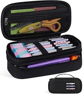 Large Pencil Case Pouch For Girls, Big Cute Pencil Pen Bag Organizer with Zipper Compartments & Handle, Aesthetic Stationery Storage & School Supplies for Teens Boys - Black