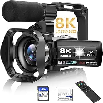 Video Camera, 8K Camcorder 48MP 15FPS UHD WiFi Vlogging Camera with IR Night Vision for YouTube, 3" Touch Screen 18X Digital Zoom, with Fill Light, Mic, Stabilizer, Lens Hood, Remote and 2 Batteries