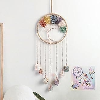 7 Chakra Wind Chimes Raw Stone Tree of Life Dream Catchers Hanging Ornament Natural Crystal Wind Chime for Home Garden Decoration(Gold)