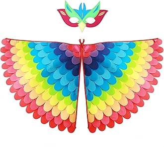 Proumhang Kids Bird Wings Costume For Age 3~8 Years,Bird Owl And Peacock Masque Owl Dress Up,Boys Girls Felt Eye Masque And Wings Set,Halloween Colorful Fancy Dress