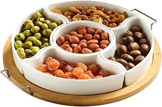 11 Inch Ceramic Divided Serving Dishes with Bamboo Platter, Appetizer Tray 5 Removable Snacks Bowls for Candy and Nut, Chips and Dips, No Lid Included