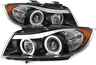 AKKON - For 06-08 BMW E90 3-Series 4 Doors Sedan Black Bezel Halogen Type [LED Halo] Ring Eye Lid Projector Headlights