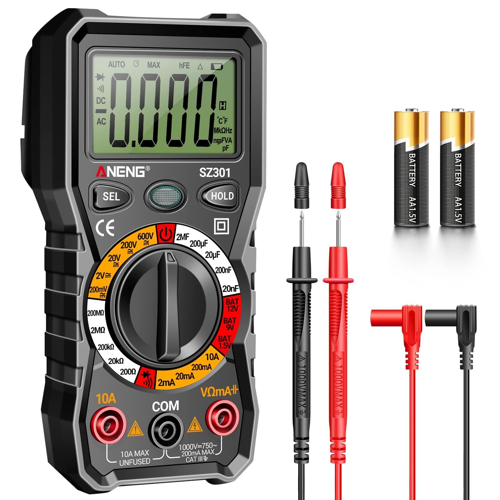 Digital multimeter with housing, measures DC/AC voltage, current, resistance, continuity, diodes, ideal power tool for household outlets and automotive battery testing