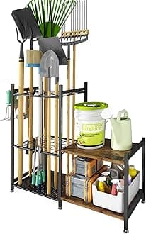 Garden Tool Organizer with 2 Tier Shelves for Garage, Utility Storage Racks with Hooks, Metal Yard Tool Stand Holder Organizer for Long-Handled, Broom, Shovel, Rake, Sturdy Rack for Outdoor, Yard