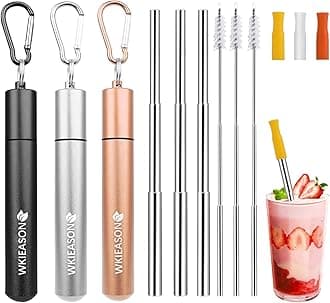 – WKIEASON 3 Pack Portable Metal Drinking Straws Collapsible Stainless Steel Straws Telescopic Reusable Straw with Aluminum Key-Ring Case & Cleaning Brush and Silicone Tips for Travel Home Work