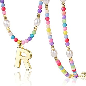 Poxtex Initial Necklace for Women and Teen Girls – Preppy Colorful Rainbow Beaded Pearl Choker with Letter Pendant Bulk, Cute Summer Beach Personalized Jewelry Gift for Kids, Teens, Women, Birthday