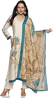 RAJMANDIRFABRICSWomen's Cotton Hand Block Printed With Thread Work Straight Kurta Pant With Dupatta Set