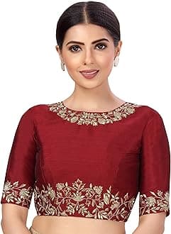 Studio ShringaarWomen's Readymade Art Silk Embroidered Saree Blouse with Elbow Length Sleeves