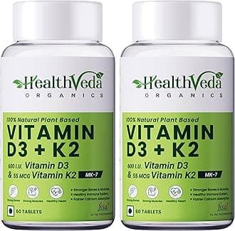 Health Veda Organics Vitamin D3 600 IU + Vitamin K2-7 (55 mcg) Tablets – Bone, Immunity & Joint Support Supplement for Men & Women – 60 Veg Tablets (Pack of 2)